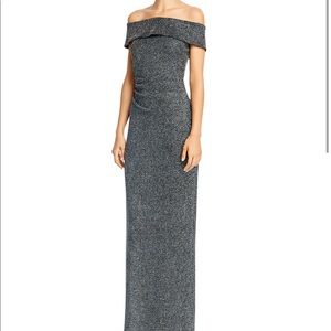 Off-the-shoulder ruched Glitter Gown.